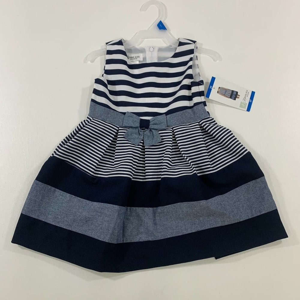 Bonnie Jean Girls Dress 2T Sleeveless Striped Dress Navy Blue White 2T